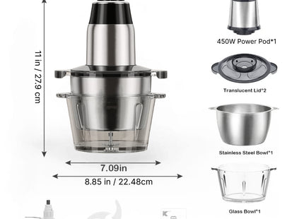 Robot Culinaire 450W avec Moteur Cuivre – Hachoir Électrique 2 Bols (8 Tasses + 8 Tasses) avec Lames Bi-Niveaux pour Viande, Fruits, Noix et Légumes – 2 Vitesses avec Sécurité Enfant