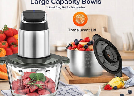 Robot Culinaire 450W avec Moteur Cuivre – Hachoir Électrique 2 Bols (8 Tasses + 8 Tasses) avec Lames Bi-Niveaux pour Viande, Fruits, Noix et Légumes – 2 Vitesses avec Sécurité Enfant