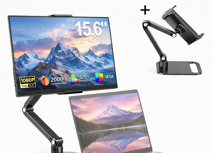 Moniteur Portable 15,6" FHD 1080p à support – 125% sRGB – 2000:1 – 350 nits – HDR – Écran Externe USB-C / Mini HDMI – Support Métal Réglable 360° – Compatible VESA – Second Écran pour PC, Smartphone, Console de Jeux