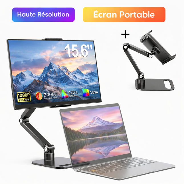 Moniteur Portable 15,6" FHD 1080p à support – 125% sRGB – 2000:1 – 350 nits – HDR – Écran Externe USB-C / Mini HDMI – Support Métal Réglable 360° – Compatible VESA – Second Écran pour PC, Smartphone, Console de Jeux