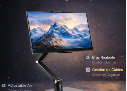 Support de Bureau pour Écran Portable  – Bras d’écran unique réglable en métal 3 sections, fixation par serrage sans outil pour bureau, maison ou gaming