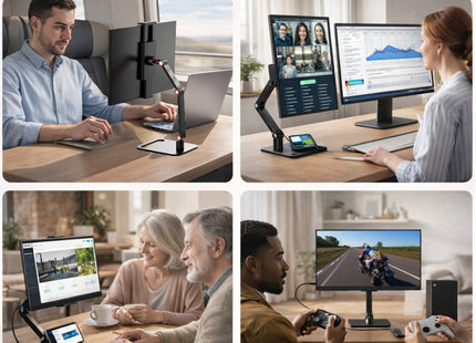 Support de Bureau pour Écran Portable  – Bras d’écran unique réglable en métal 3 sections, fixation par serrage sans outil pour bureau, maison ou gaming