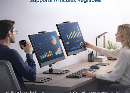 Support de Bureau pour Écran Portable  – Bras d’écran unique réglable en métal 3 sections, fixation par serrage sans outil pour bureau, maison ou gaming