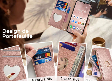 Étui Portefeuille Bandoulière Cuir avec Miroir et Longue Dragonne | Poche Pour Samsung Galaxy A05 A06 A16 A15 A36 A56 A26 5G