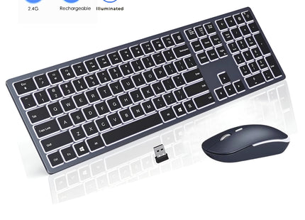 Clavier et Souris Sans Fil Rétroéclairés – Ensemble Slim 2.4G USB Rechargeable, Silencieux, Plein Format avec Pavé Numérique pour PC, Ordinateur Portable et Tablette