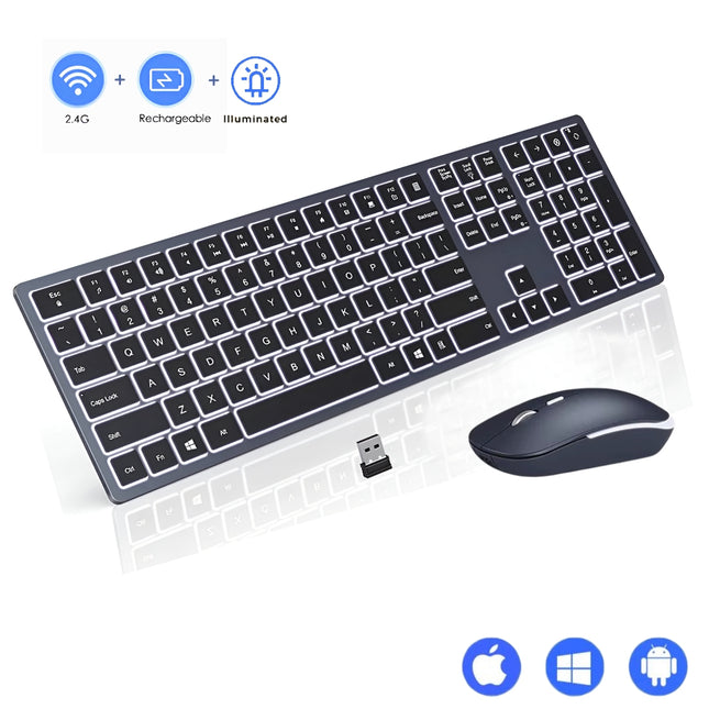 Clavier et Souris Sans Fil Rétroéclairés – Ensemble Slim 2.4G USB Rechargeable, Silencieux, Plein Format avec Pavé Numérique pour PC, Ordinateur Portable et Tablette