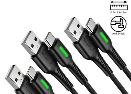 Pack de 3 Câbles USB-A vers USB-C Heavy Duty - Charge Rapide QC 3.0, Tressés Nylon Ultra Résistants, 3 Longueurs (0.5m + 2m + 2m) pour iPhone 17/16, Samsung S25/S24, MacBook