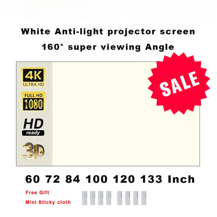 16:9 Anti-Glare Projection Screen - Portable Reflective Screen 60 to 133 Inches - High Definition 4K White Grid - 2.5x Gain 