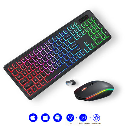 Combo Clavier et Souris Sans Fil RGB Rechargeable – Rétroéclairage Arc-en-Ciel – Touches Rétroéclairées – Ergonomique – 2,4 GHz – Batterie Intégrée – 108 Touches – DPI Réglable (1000/1500/2000) – Compatible Windows, Linux, Chrome, Mac