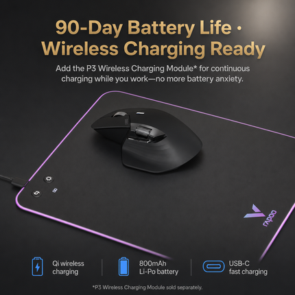Multi-Device Ergonomic Wireless Mouse MT760L/MT760M – 4000 DPI – Laser Sensor – 11 Programmable Buttons – 90-Day Battery Life – USB-C Recharge – M+ Cross-Computer Technology – Qi Wireless Charging Compatible