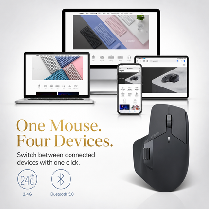 Multi-Device Ergonomic Wireless Mouse MT760L/MT760M – 4000 DPI – Laser Sensor – 11 Programmable Buttons – 90-Day Battery Life – USB-C Recharge – M+ Cross-Computer Technology – Qi Wireless Charging Compatible
